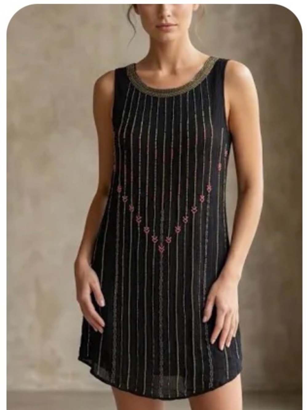 Free People Black Mini Dress with Metallic Neckline and Pink Embroidery
